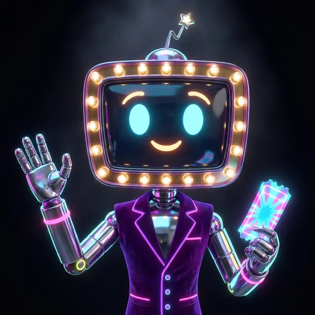 Marquee, a friendly robot usher with a theatre-marquee head full of glowing bulbs, waving hello and holding a glowing ticket